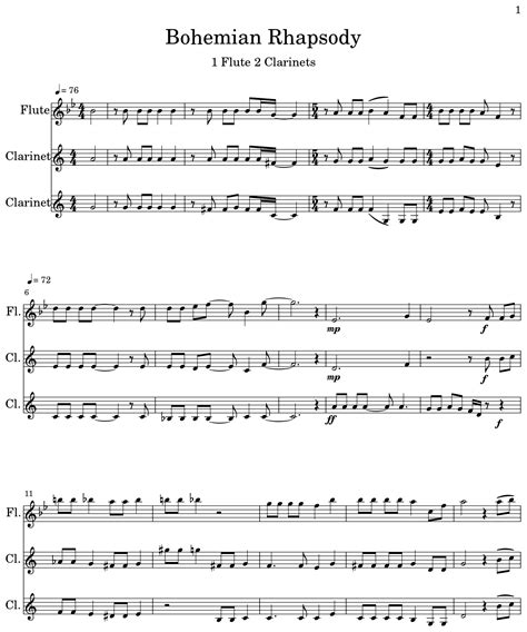 Bohemian Rhapsody Sheet Music For Flute Clarinet