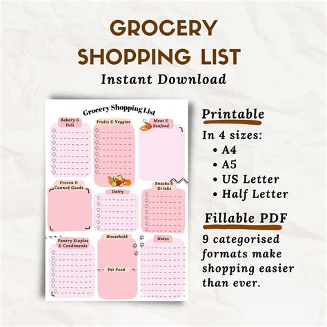 Printable Grocery List, Grocery Shopping List, Fillable PDF, Printable ...