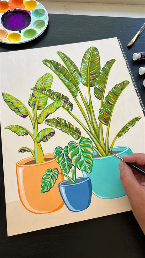 Gouache Painting Of Potted Tropical Plants Including Banana Tree Giant