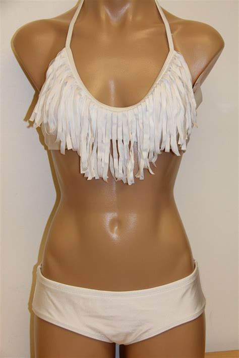 New Raisins Swimsuit Bikini 2pc Set Fringe Bra Sz M WHT EBay