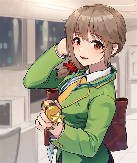 Safebooru 1girl Blush Brown Hair Green Jacket Hair Ornament Hair Over