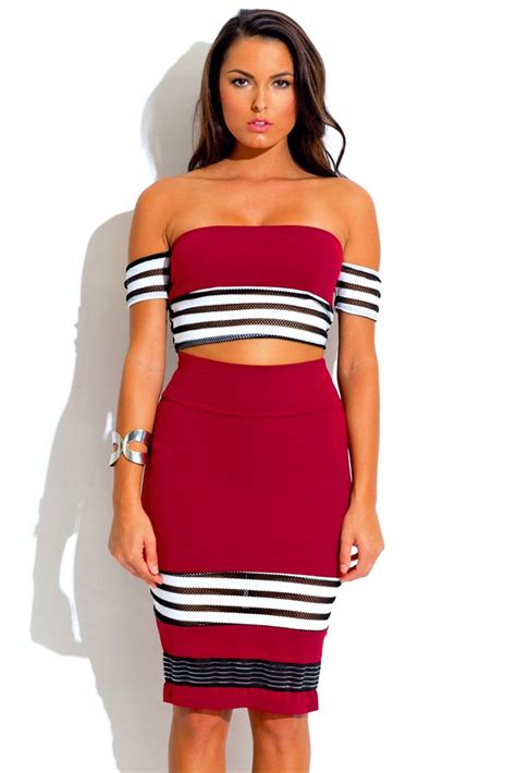 Naturally Supreme Burgundy Striped Mesh Bodycon Crop Top And High