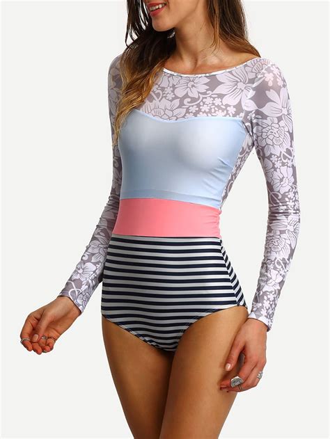 Multi Printed Backless Long Sleeve One Piece Swimwear Shein Sheinside