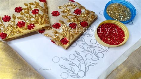 Onam Special Eye Catching Beadwork And Sequins Flower Embroidery Design