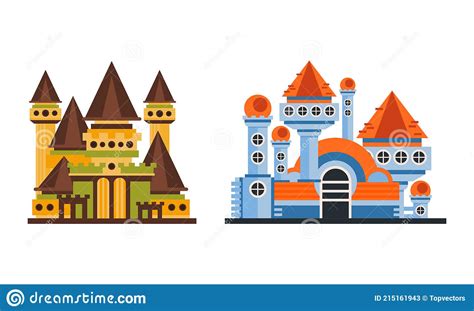 Fairytale Castle Towers Set Ancient Mansion Facades Cartoon Vector