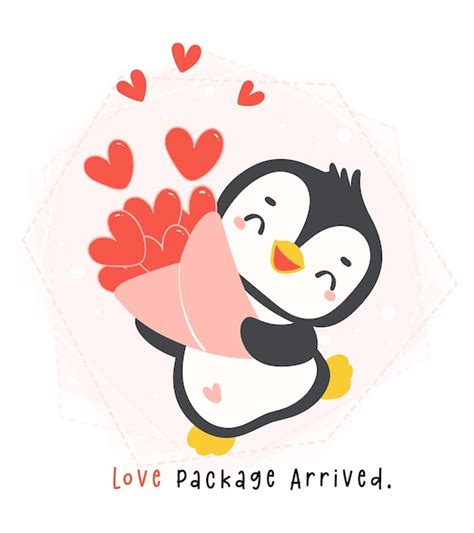 Cute Pinguin Valentin Mit Roten Herzen Bouquet Cartoon Zeichnung Kawaii