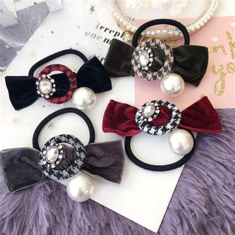 Korea Handmade Velvet Bowknot Plaid Imitation Pearl Women Rhinestone