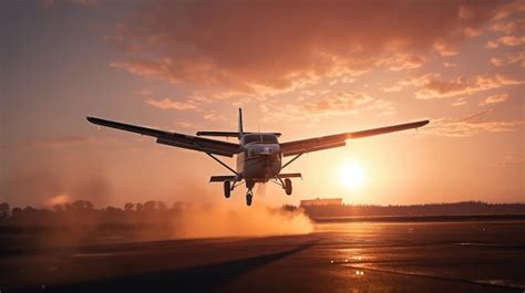 Un avión despegando de una pista al atardecer Foto Premium