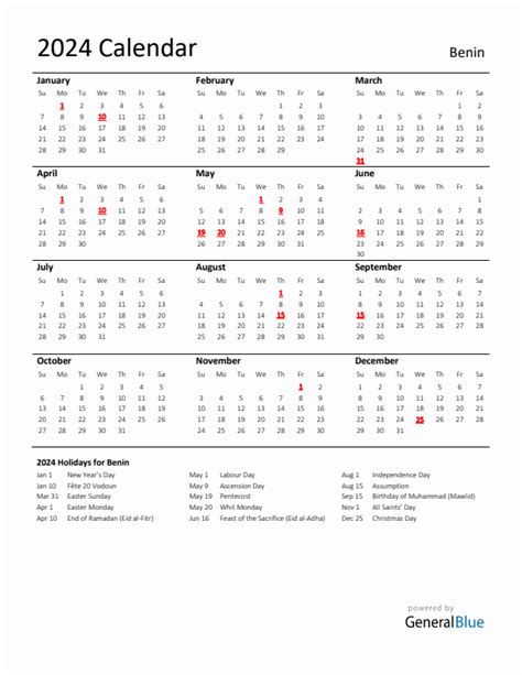 Standard Holiday Calendar For 2024 With Benin Holidays