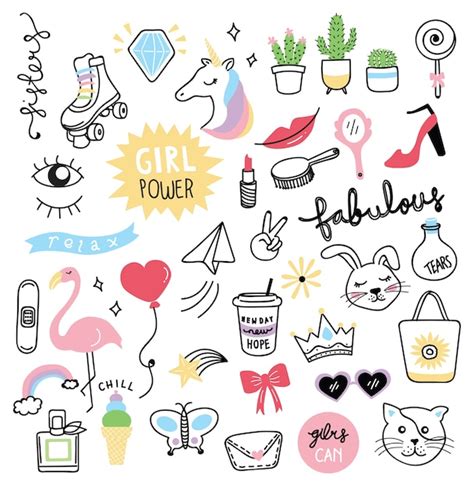 Premium Vector Set Of Cute Girl Stuff In Doodle Style