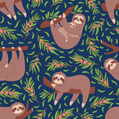 Cute Sloths On Branch Seamless Pattern For Nursery Wallpaper Baby