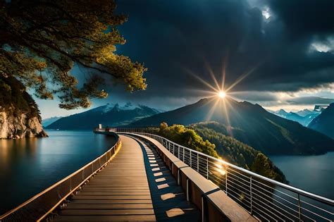 Premium Photo | A bridge over a lake at sunset