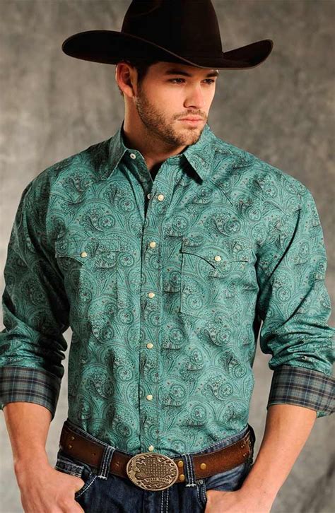 Rough Stock Mens Brussels Vintage Print Western Snap Shirt Teal 43