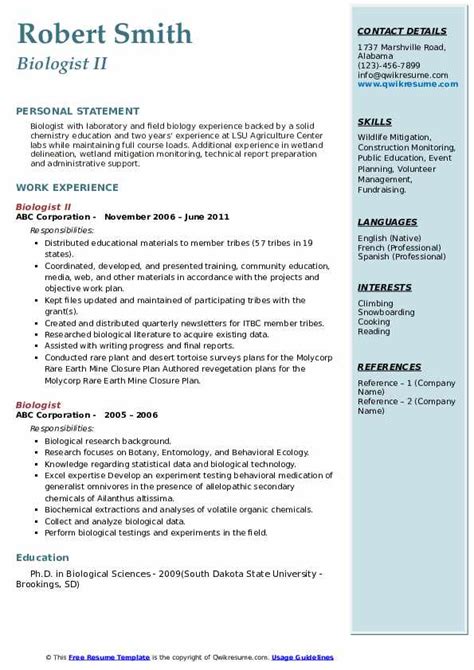 Biologist Resume Samples | QwikResume