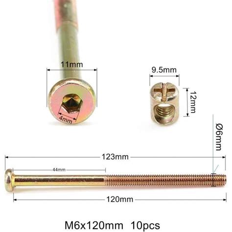 M6 120mm Boulon Meuble Écrou Barillet Clé 10 Pièces Zingué À Tête