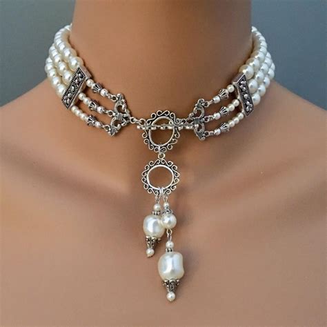 Pearl Choker Necklace Set Victorian Great Gatsby Style Elegant 3