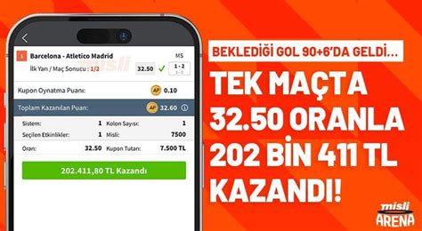 Beklediği gol 90 6da geldi Tek maçta 32 50 oranla 202 bin 411 TL kazandı