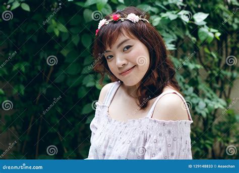 Young Pretty Asian Woman With Flower Headband Stock Image Image Of