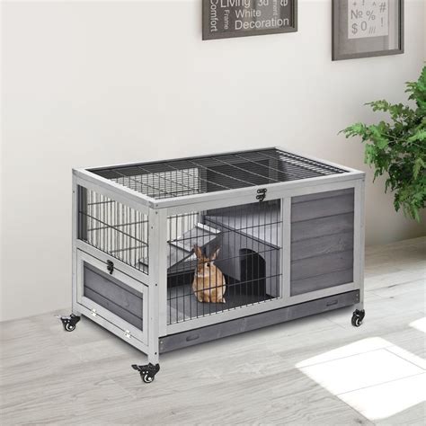 PawHut Wooden Indoor Rabbit Hutch Elevated Cage Habitat With Wheels