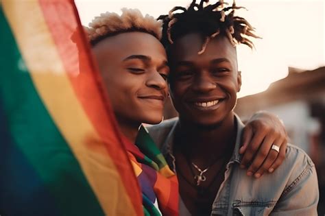 Pareja gay multiétnica sosteniendo banderas del arco iris en evento de