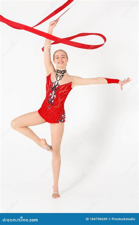 Sports Contest Pretty Girl With Ribbon Practicing Rhythmic Gymnastics