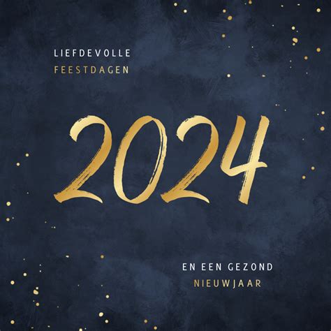 Kerstkaart 2024 Jaartal Goud Spetters Blauw Kaartje2go