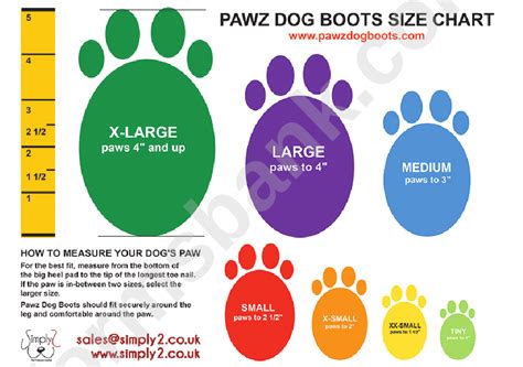 Pawz Dog Boots Size Chart printable pdf download