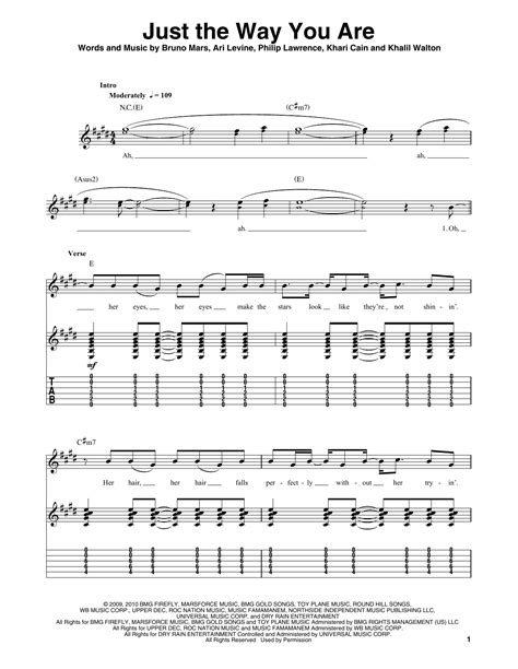 Just The Way You Are Sheet Music Bruno Mars Guitar Tab Single Guitar