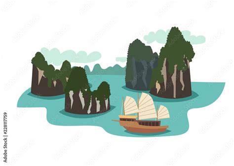 Vietnam landmark vector illustration. Ha long bay cartoon style. Asian ...