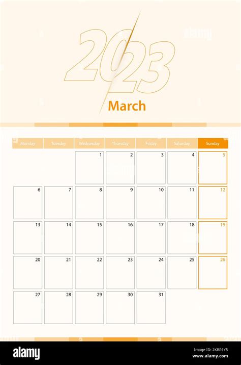 Hoja De Calendario Vertical De Vector Moderno Para Marzo De 2023 Planificador En Inglés