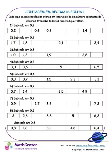 Contagem Em Decimais Folha 1 Planilhas Math Center