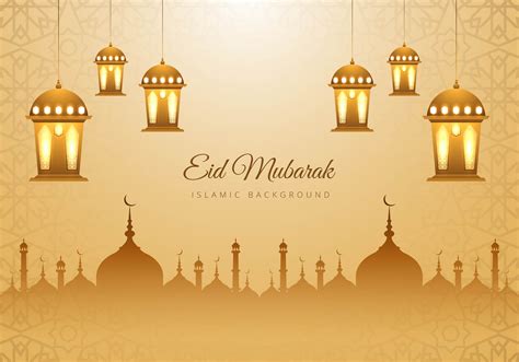 Islamic Eid Mubarak Tan Mosque Silhouette Lanterns Background