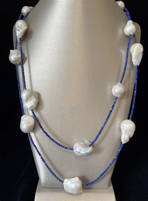 Faceted Lapis Lazuli Bead And 25mm 15mm White Baroque Fresh Water Pearl