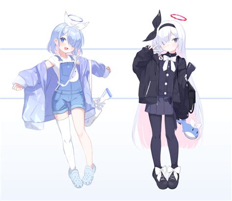 Safebooru 2girls D Absurdres Alternate Costume Aqua Hair Arona Blue Archive Bag Black Eyes