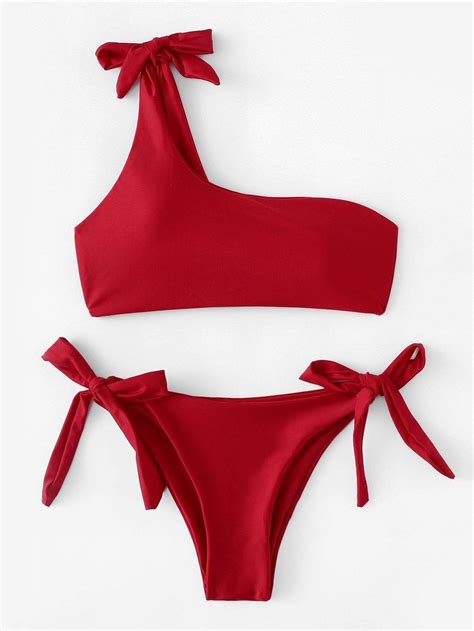 Red One Shoulder Top Swimsuit With Self Tie Side Bikini Bottom Trajes