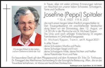 Traueranzeigen Von Josefine Spitaler Trauer Bz