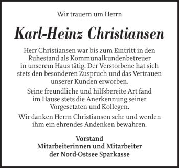 Traueranzeigen Von Karl Heinz Christiansen Sh Z Trauer