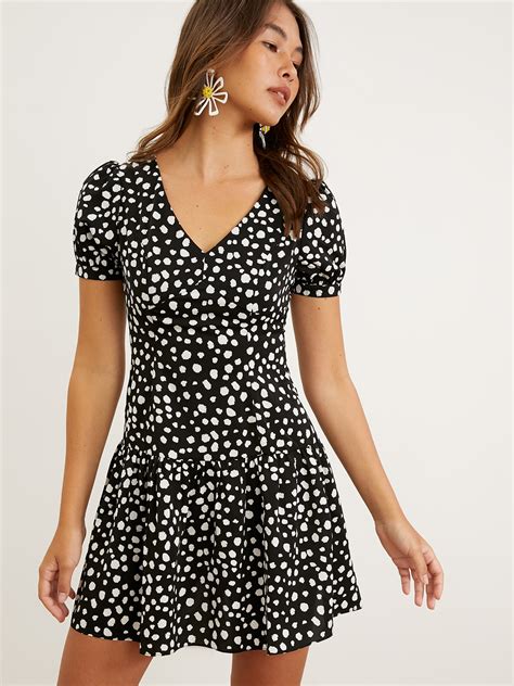 Floral Puffed Sleeve Mini Dress Black Pomelo Fashion