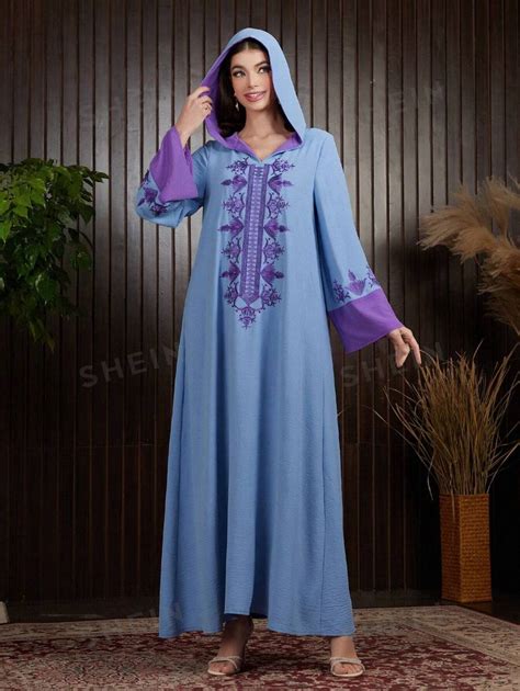 Shein Najma Hooded Arab Thobe Dress With Plant Embroidery Long Sleeve