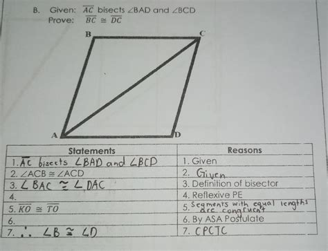 Solved B Given Overline Ac Bisects ∠ Bad And ∠ Bcd Prove Overline Bc ≌ Overline Dc Math