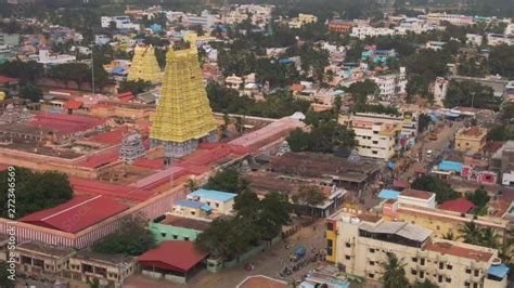 Rameswaram Ancient Shiva Temple India K Aerial Skyline And Ocean