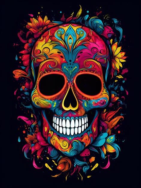 Premium Ai Image Colorful Skull Art With Flower Design