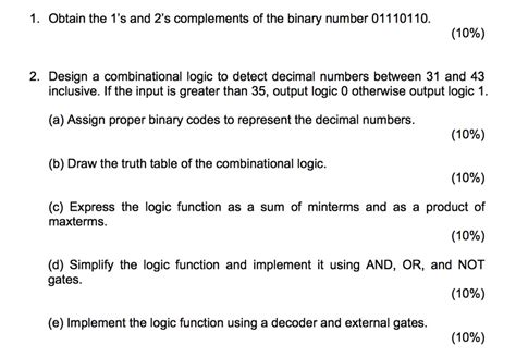 Solved Obtain The 1 S And 2 S Complements Of The Binary