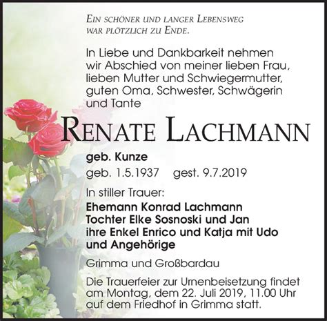 Traueranzeigen Von Renate Lachmann Trauer Anzeigen De