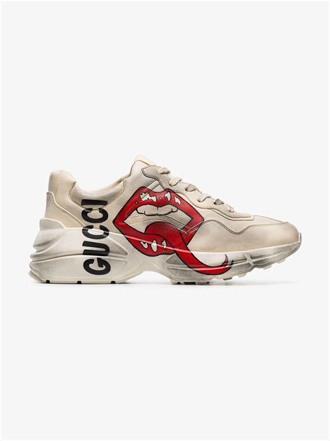 Gucci Rhyton Mouth And Logo Print Leather Trainers In Ivory White