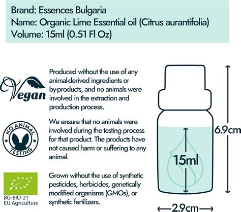 Essences Bulgaria Aceite esencial de lima orgánico 0 51 onzas líquidas