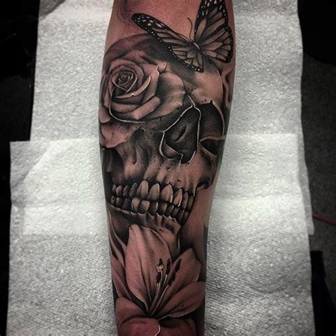 Skull Butterfly And Flower Tattoo By Bobby Loveridge Bobbalicioustattoo Black Blackandgray