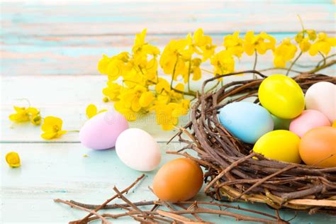 Colorful Easter Eggs In Nest With Tulip Flower On Rustic Wooden Planks