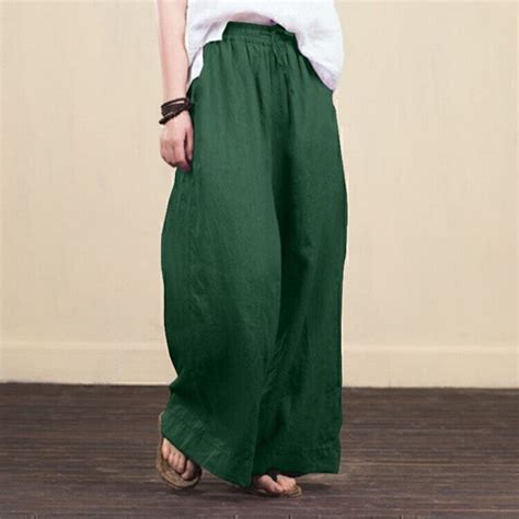 Plus Size Womens Cotton Linen Elastic Waist Wide Leg Pants Ladies Harem Trousers Ebay