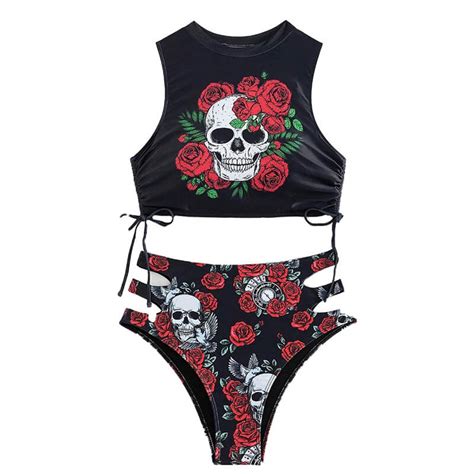 Gothic Rose Floral Skull Bikini Set Gthic